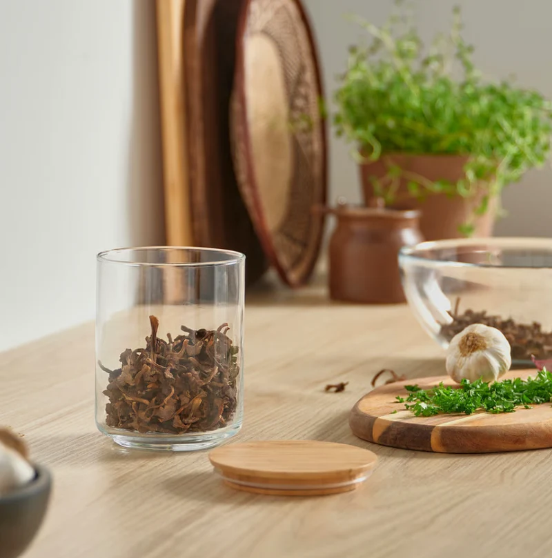 EKLATANT Jar with lid, clear glass/bamboo, 0.8 l