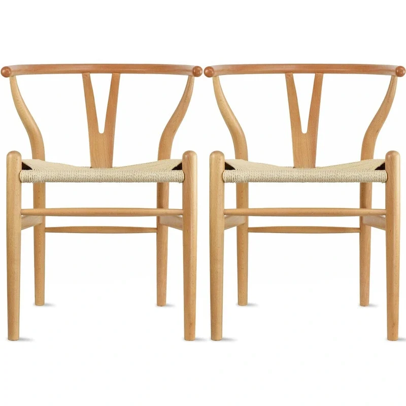 Set of 2 Natural Modern Wood Dining Chair With Back Y Arm Armchair Hemp Seat Home Restaurant Office Desk Work Kitchen