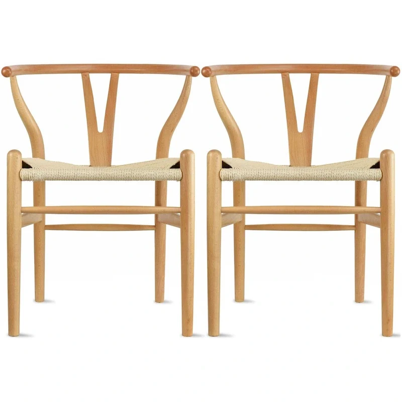 Set of 2 Natural Modern Wood Dining Chair With Back Y Arm Armchair Hemp Seat Home Restaurant Office Desk Work Kitchen