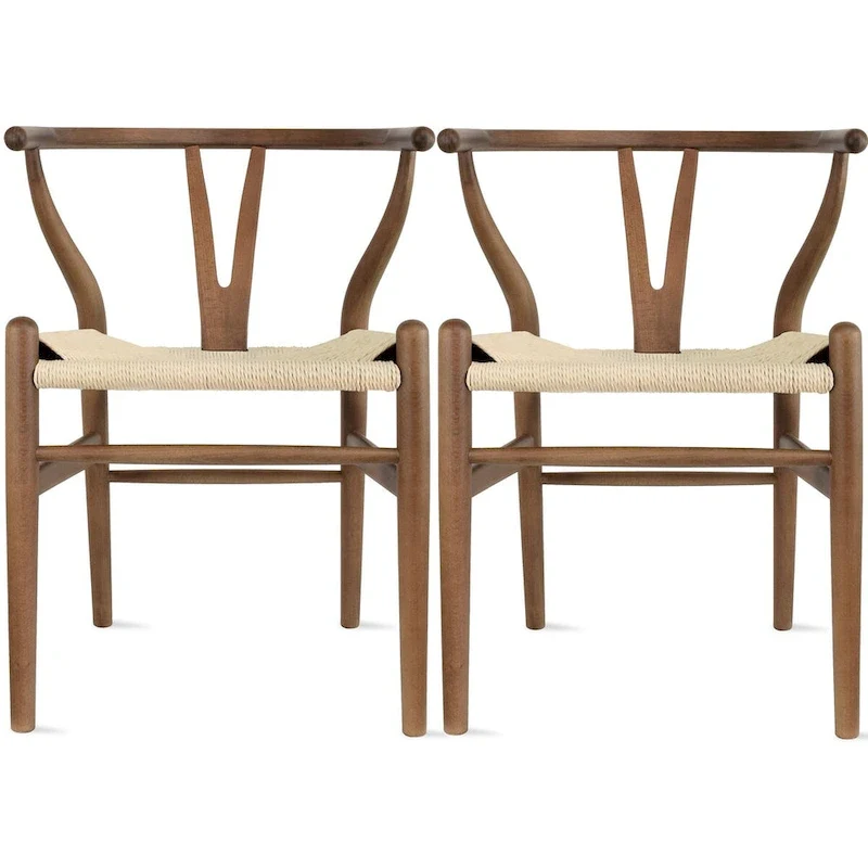 Set of 2 Natural Modern Wood Dining Chair With Back Y Arm Armchair Hemp Seat Home Restaurant Office Desk Work Kitchen
