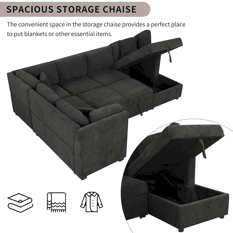 U-shaped Sectional Sofa Pull out Sofa Bed,2 USB Ports,2 Power Sockets,3 Back Pillows,Storage Chaise,Black
