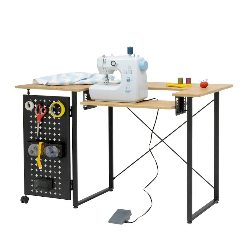 Sew Ready Pivot Sewing Table with Storage Panel and Adjustable Platform