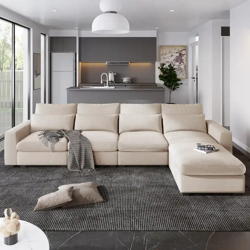 U_Style Modern Large L-Shape Feather Filled Sectional Sofa, Convertible Sofa Couch with Reversible Chaise for Living Room