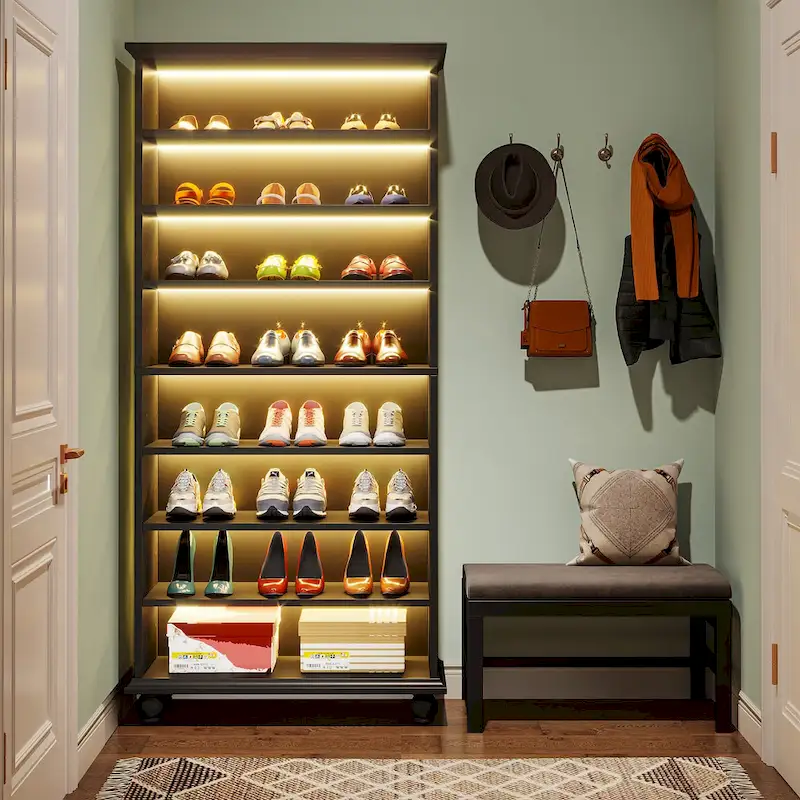9-Tier Narrow Tall Shoe Storage Cabinet with LED Lighting for Living Room