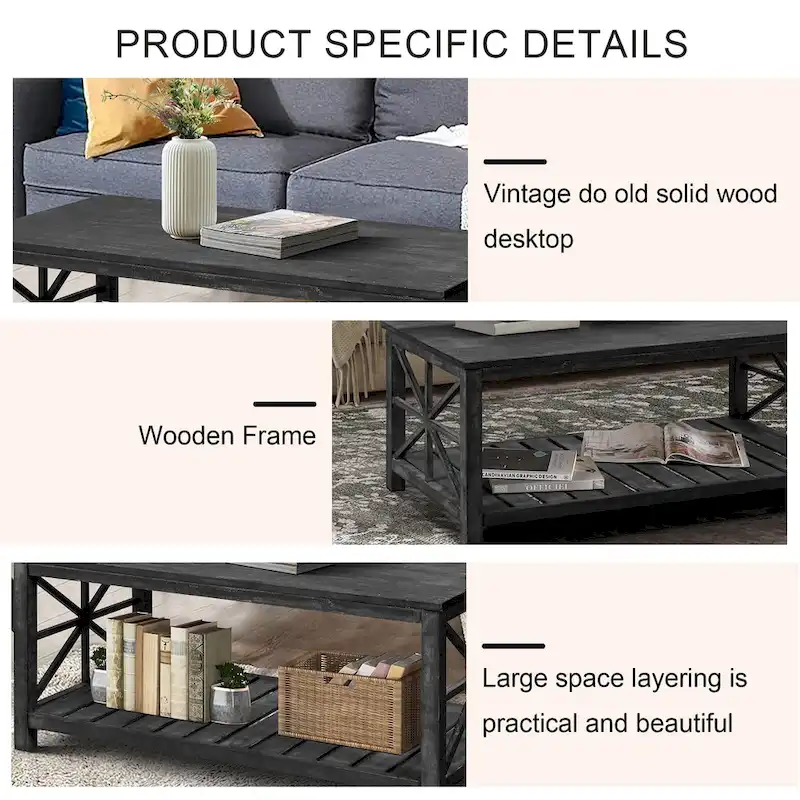 GDFStudio - Nathaniel Rustic Wood Coffee Table with Spacious Storage - 47.24 W x 23.62 D x 19.68 H