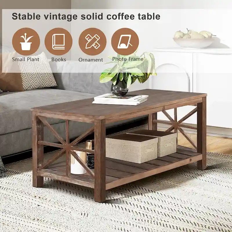 GDFStudio - Nathaniel Rustic Wood Coffee Table with Spacious Storage - 47.24 W x 23.62 D x 19.68 H