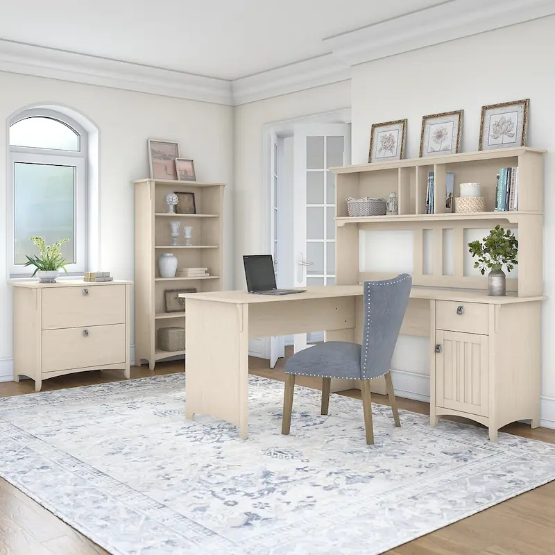 Bush Furniture Salinas 60W L Shaped Desk Office Suite in Antique White