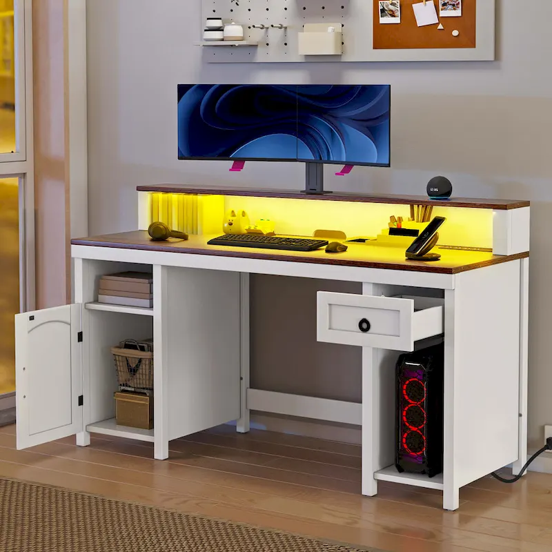 Moasis Farmhouse Wood Office Desk with Drawer and LED Strip & Power Outlets