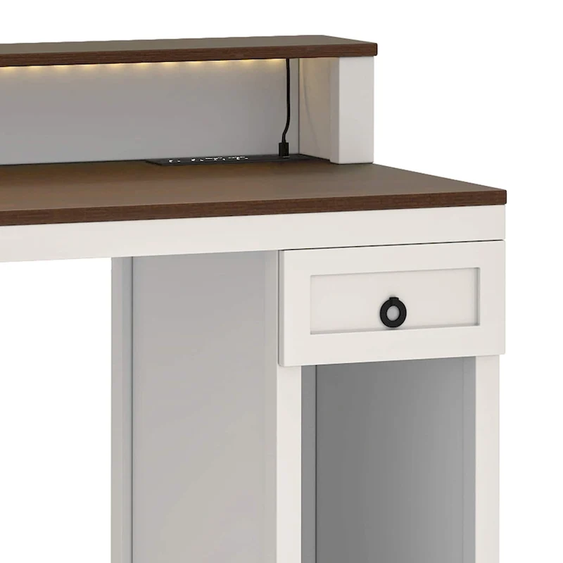 Moasis Farmhouse Wood Office Desk with Drawer and LED Strip & Power Outlets