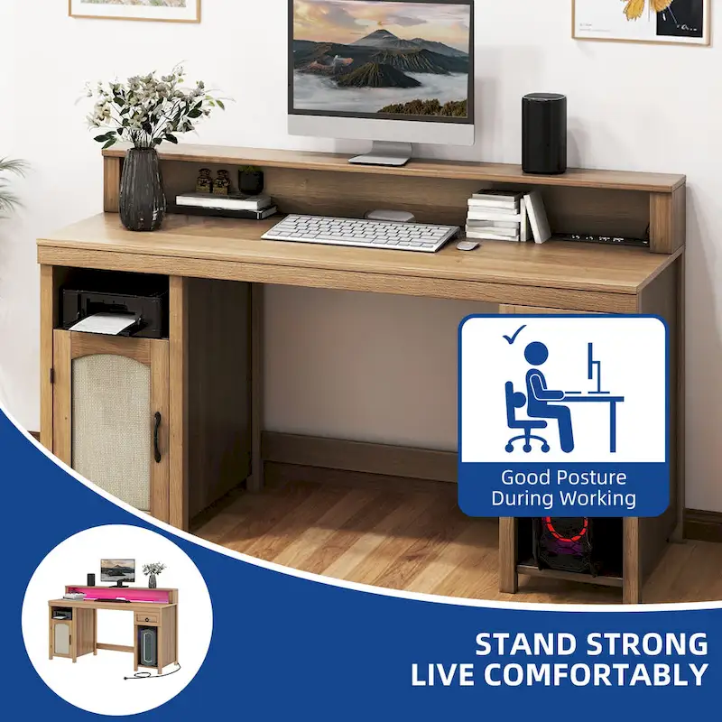 Moasis Farmhouse Wood Office Desk with Drawer and LED Strip & Power Outlets