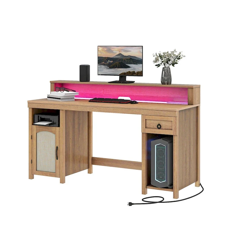 Moasis Farmhouse Wood Office Desk with Drawer and LED Strip & Power Outlets