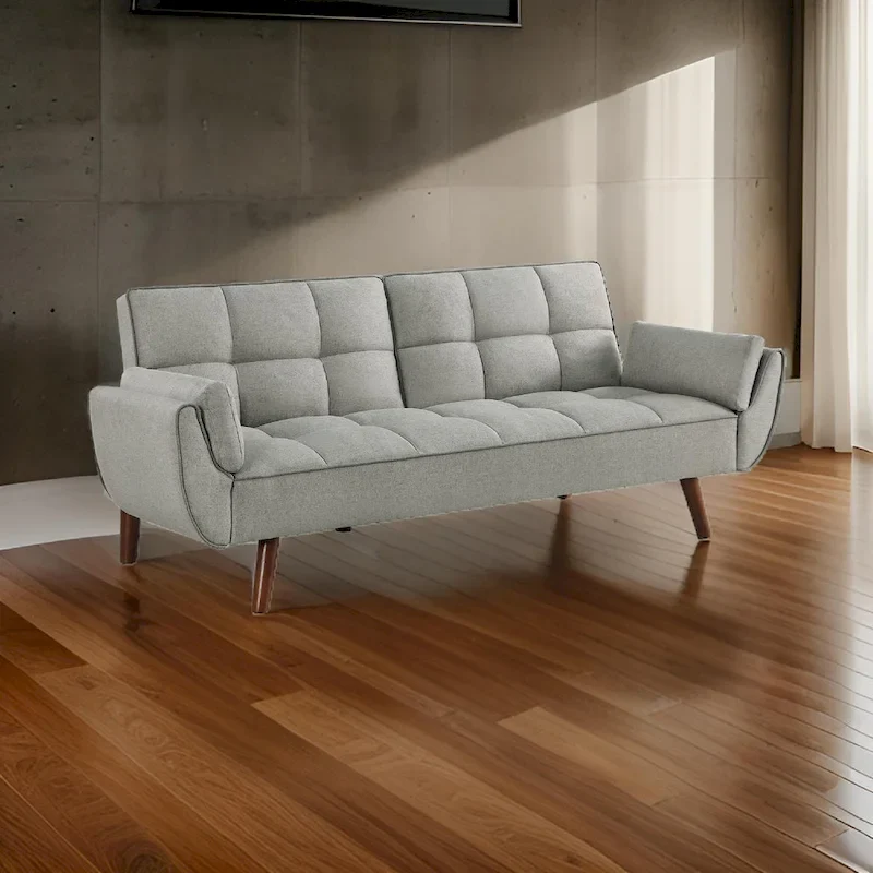 Kori 84 Inch Sofa Futon Bed with Tufted Back, Angled Legs, Gray Fabric