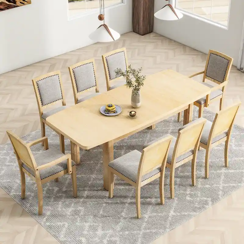 Rustic Extendable Dining Table Set with 24inch Removable Leaf, 6 Upholstered Armless Dining Chairs and 2 Padded Arm Chairs