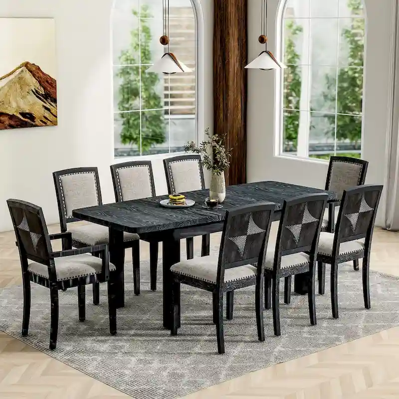 Rustic Extendable Dining Table Set with 24inch Removable Leaf, 6 Upholstered Armless Dining Chairs and 2 Padded Arm Chairs