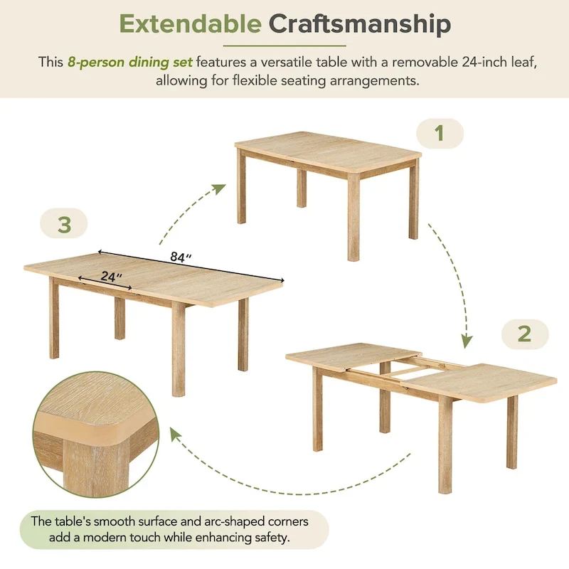 Rustic Extendable Dining Table Set with 24inch Removable Leaf, 6 Upholstered Armless Dining Chairs and 2 Padded Arm Chairs