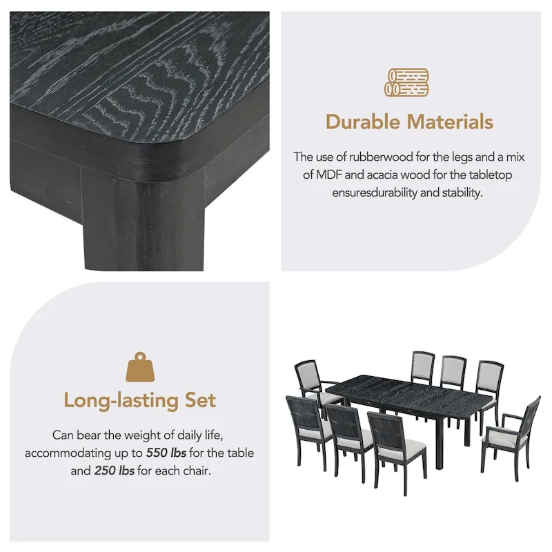 Rustic Extendable Dining Table Set with 24inch Removable Leaf, 6 Upholstered Armless Dining Chairs and 2 Padded Arm Chairs