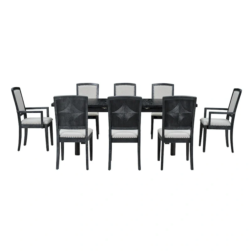 Rustic Extendable Dining Table Set with 24inch Removable Leaf, 6 Upholstered Armless Dining Chairs and 2 Padded Arm Chairs