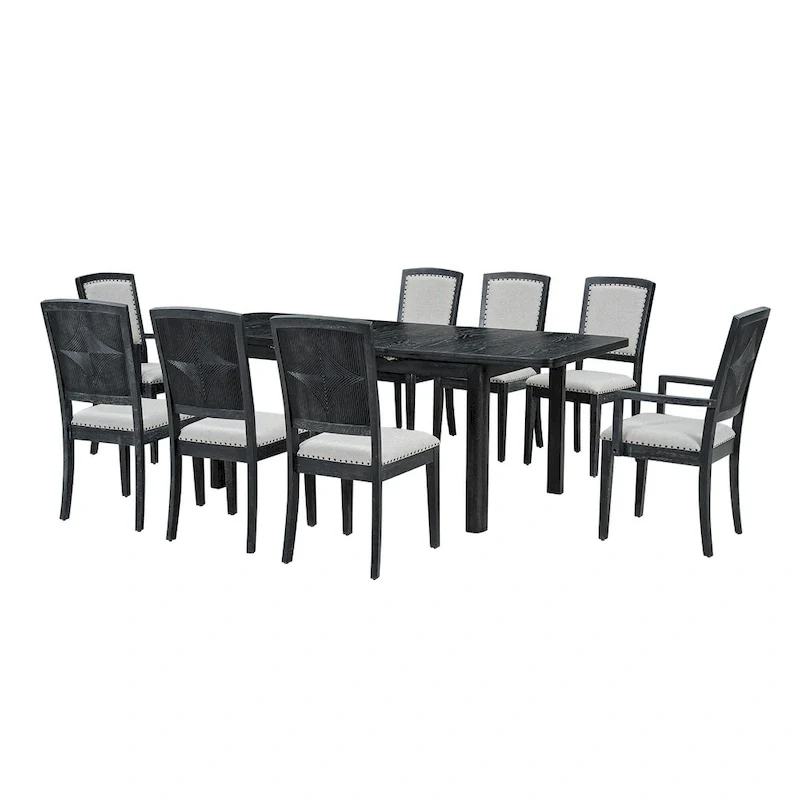 Rustic Extendable Dining Table Set with 24inch Removable Leaf, 6 Upholstered Armless Dining Chairs and 2 Padded Arm Chairs