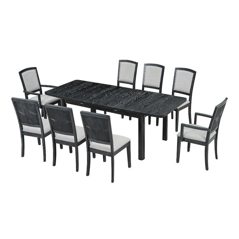 Rustic Extendable Dining Table Set with 24inch Removable Leaf, 6 Upholstered Armless Dining Chairs and 2 Padded Arm Chairs
