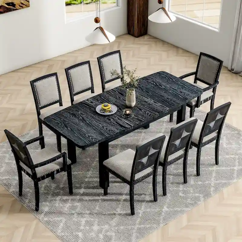 Rustic Extendable Dining Table Set with 24inch Removable Leaf, 6 Upholstered Armless Dining Chairs and 2 Padded Arm Chairs