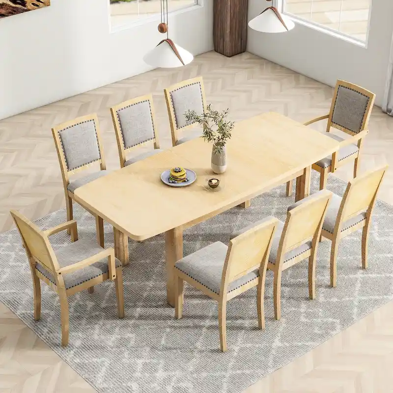 Rustic Extendable Dining Table Set with 24inch Removable Leaf, 6 Upholstered Armless Dining Chairs and 2 Padded Arm Chairs