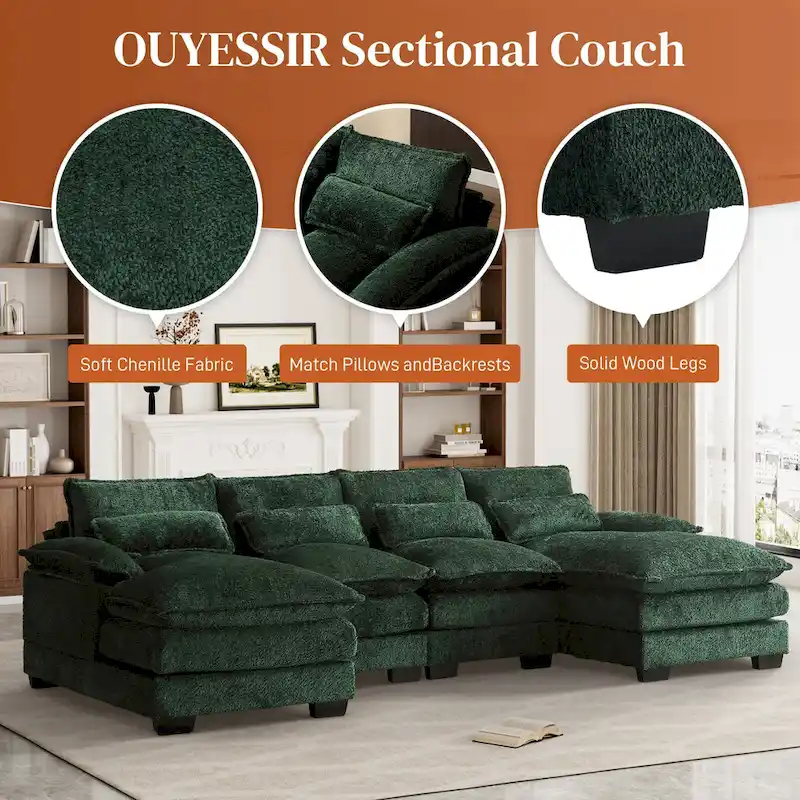 Ouyessir Large Chenille Fabric U-shaped Sectional Sofa with Cushions