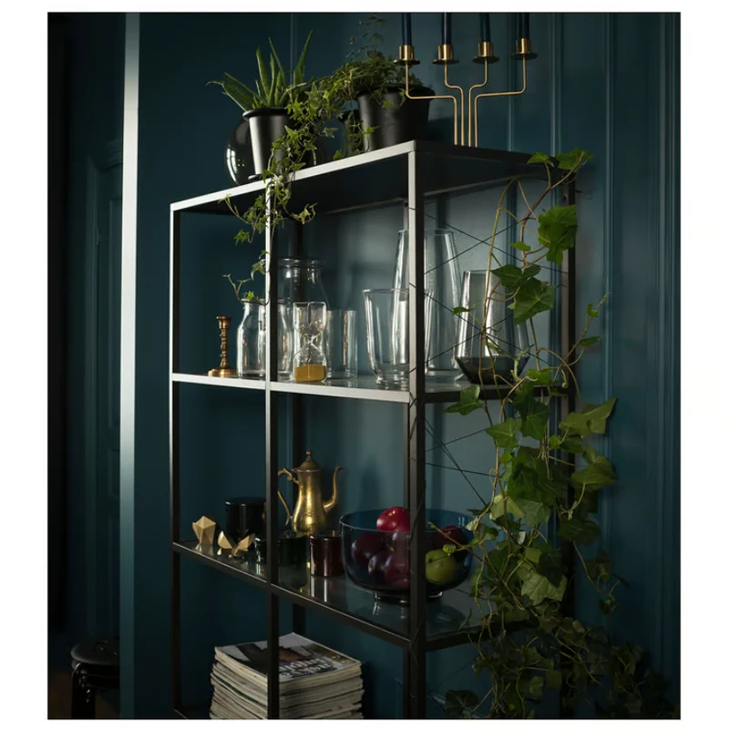 VITTSJÖ Shelving unit, black-brown/glass, 100x175 cm