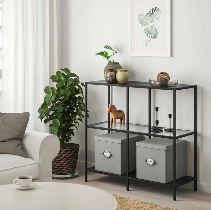 VITTSJÖ Shelving unit, black-brown/glass, 100x93 cm
