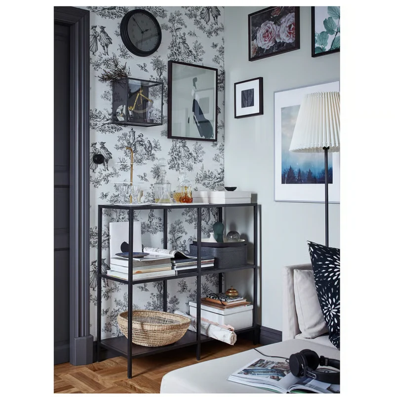 VITTSJÖ Shelving unit, black-brown/glass, 100x93 cm