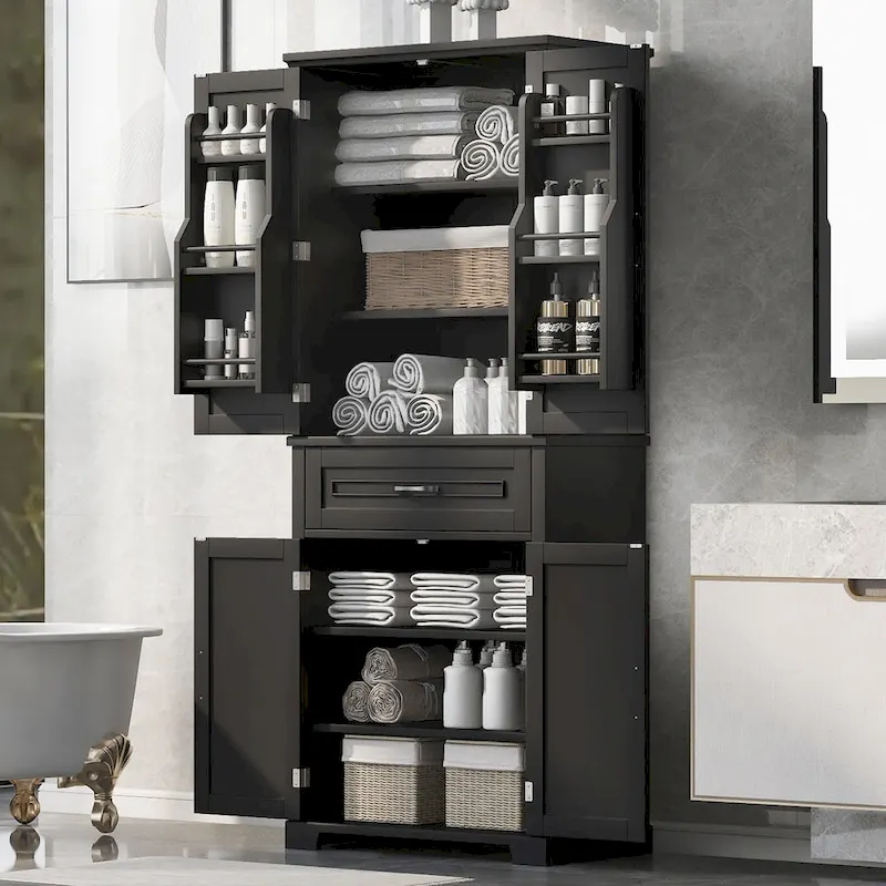 Bathroom Storage Cabinet with Doors and Drawer, Multiple Storage Space, Adjustable Shelf, Black
