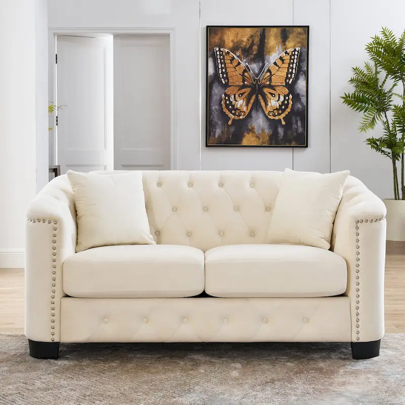 59-Inch Modern Chesterfield Velvet Sofa, 2-Seater Sofa, Upholstered Tufted Backrests with Nailhead Arms and 2 Cushions for Livin