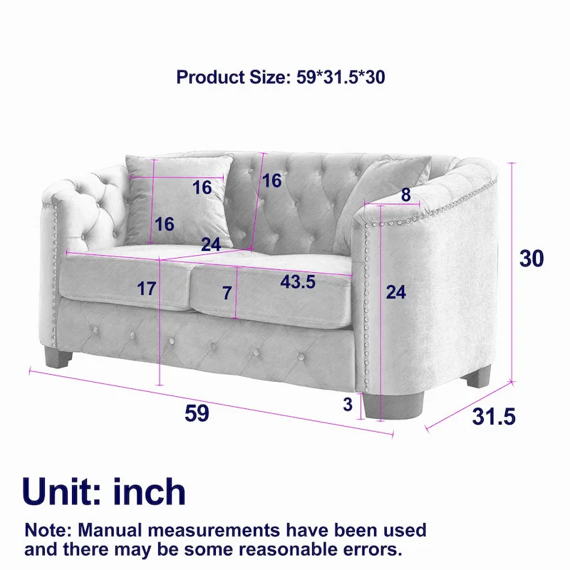 59-Inch Modern Chesterfield Velvet Sofa, 2-Seater Sofa, Upholstered Tufted Backrests with Nailhead Arms and 2 Cushions for Livin