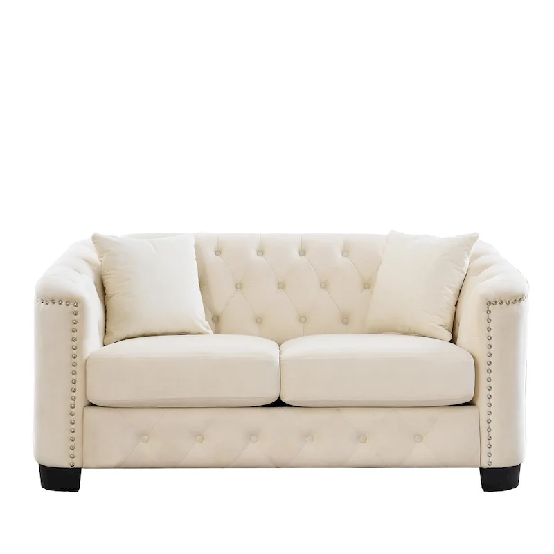 59-Inch Modern Chesterfield Velvet Sofa, 2-Seater Sofa, Upholstered Tufted Backrests with Nailhead Arms and 2 Cushions for Livin