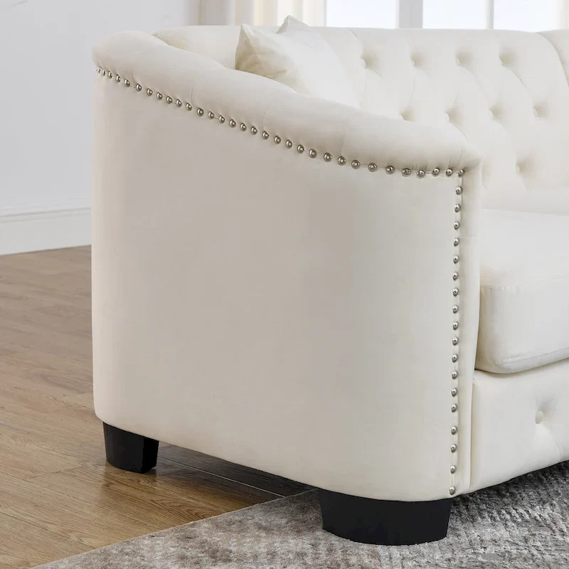 59-Inch Modern Chesterfield Velvet Sofa, 2-Seater Sofa, Upholstered Tufted Backrests with Nailhead Arms and 2 Cushions for Livin