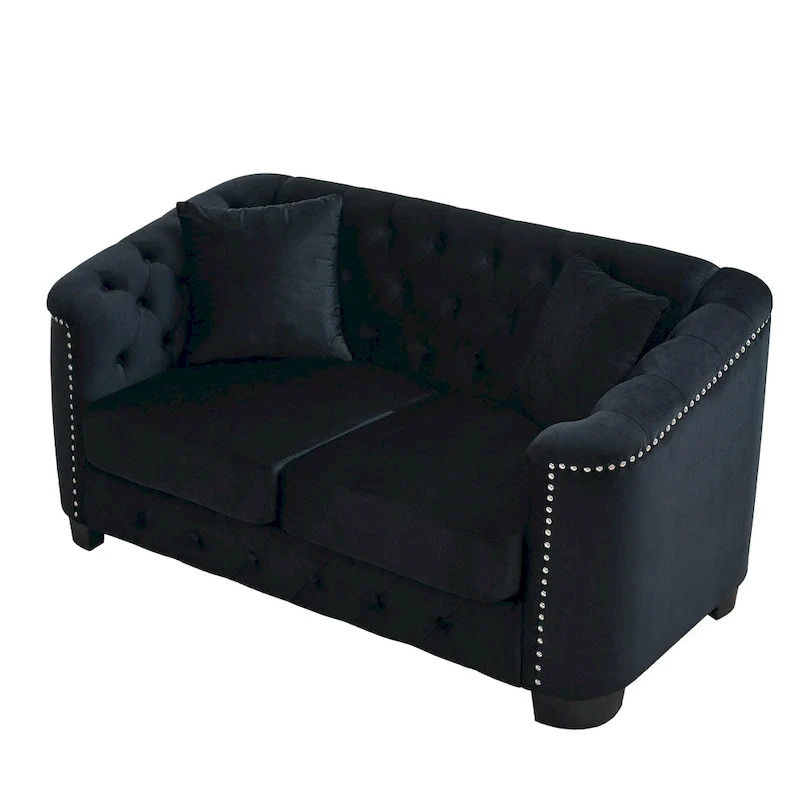 59-Inch Modern Chesterfield Velvet Sofa, 2-Seater Sofa, Upholstered Tufted Backrests with Nailhead Arms and 2 Cushions for Livin
