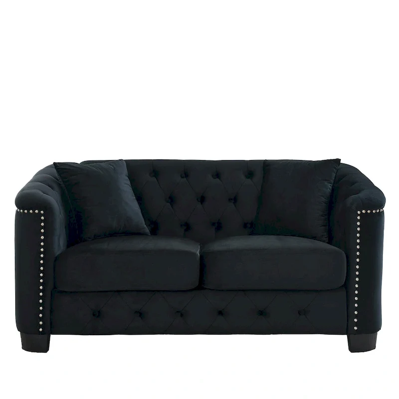59-Inch Modern Chesterfield Velvet Sofa, 2-Seater Sofa, Upholstered Tufted Backrests with Nailhead Arms and 2 Cushions for Livin