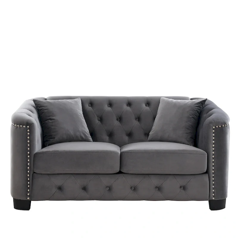 59-Inch Modern Chesterfield Velvet Sofa, 2-Seater Sofa, Upholstered Tufted Backrests with Nailhead Arms and 2 Cushions for Livin