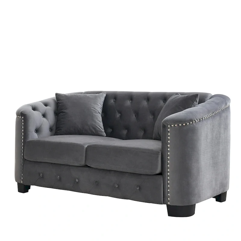 59-Inch Modern Chesterfield Velvet Sofa, 2-Seater Sofa, Upholstered Tufted Backrests with Nailhead Arms and 2 Cushions for Livin