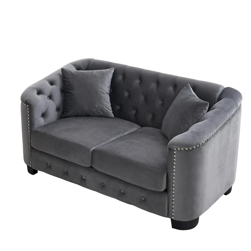 59-Inch Modern Chesterfield Velvet Sofa, 2-Seater Sofa, Upholstered Tufted Backrests with Nailhead Arms and 2 Cushions for Livin