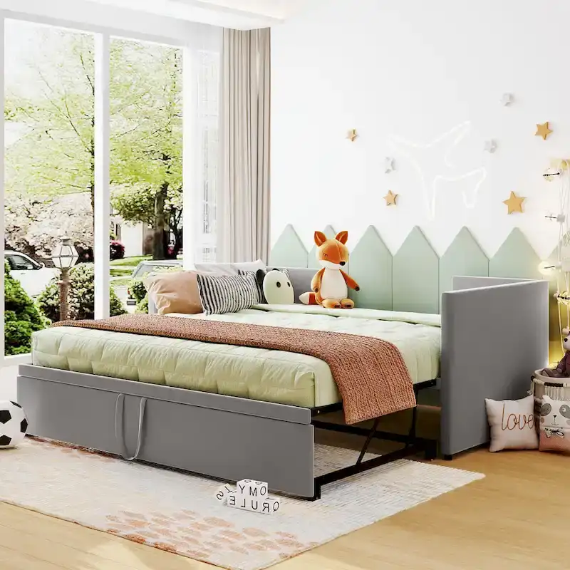 Grey Upholstered Twin Size Daybed with Pop Up Trundle, Multi-Functional Design