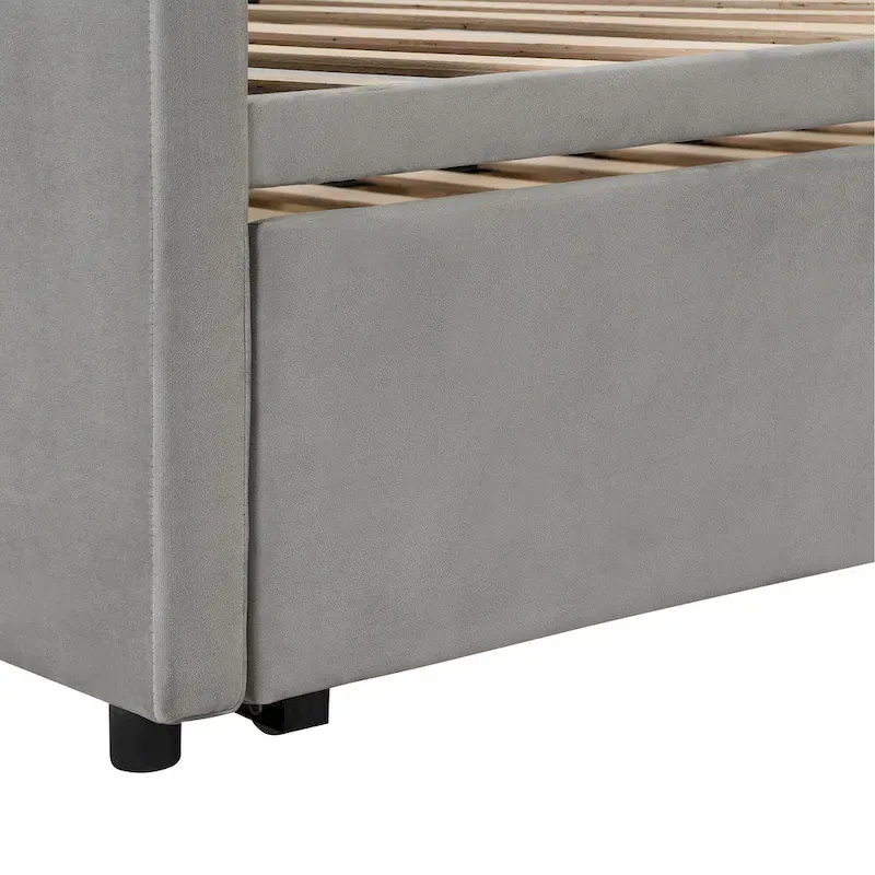 Grey Upholstered Twin Size Daybed with Pop Up Trundle, Multi-Functional Design