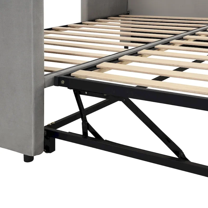 Grey Upholstered Twin Size Daybed with Pop Up Trundle, Multi-Functional Design
