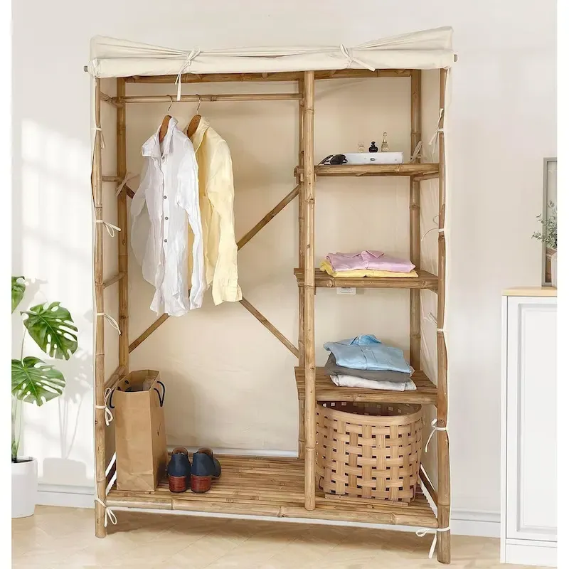 Bamboo Wardrobe Closet Organizer with Shelves and Fabric Cover