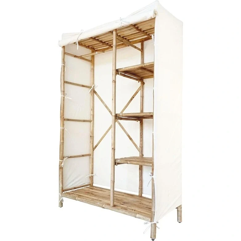 Bamboo Wardrobe Closet Organizer with Shelves and Fabric Cover