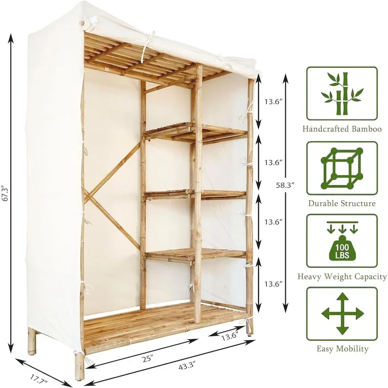Bamboo Wardrobe Closet Organizer with Shelves and Fabric Cover