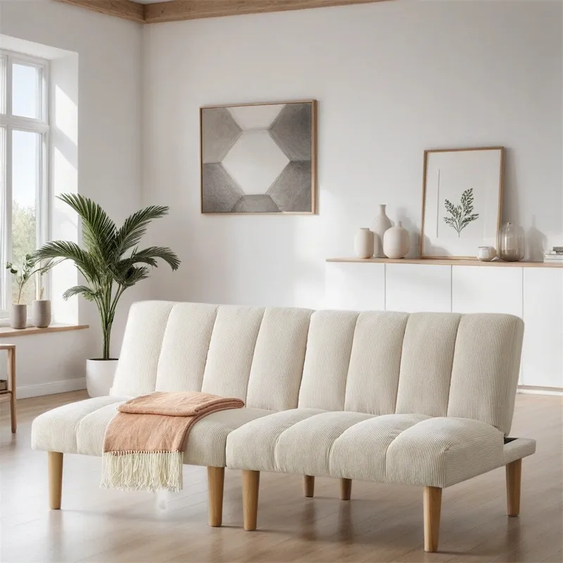 Corduroy Fabric Convertible Sofa Bed with Wood Leg