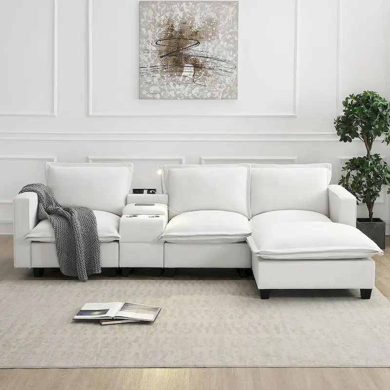 Chenille Square Arm Mid-Century Modern USB Port Sectional Sofa - 109 x 57