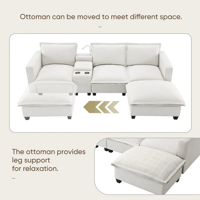 Chenille Square Arm Mid-Century Modern USB Port Sectional Sofa - 109 x 57