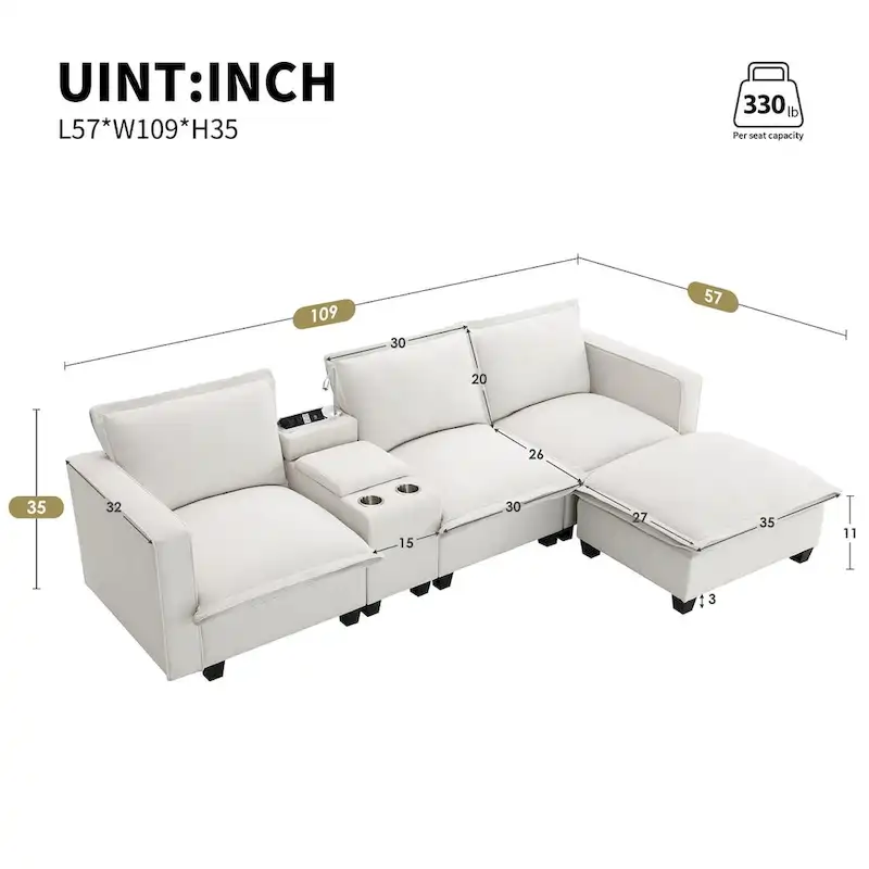Chenille Square Arm Mid-Century Modern USB Port Sectional Sofa - 109 x 57