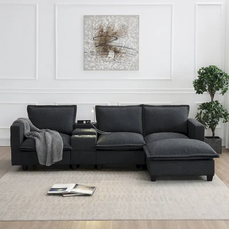 Chenille Square Arm Mid-Century Modern USB Port Sectional Sofa - 109 x 57